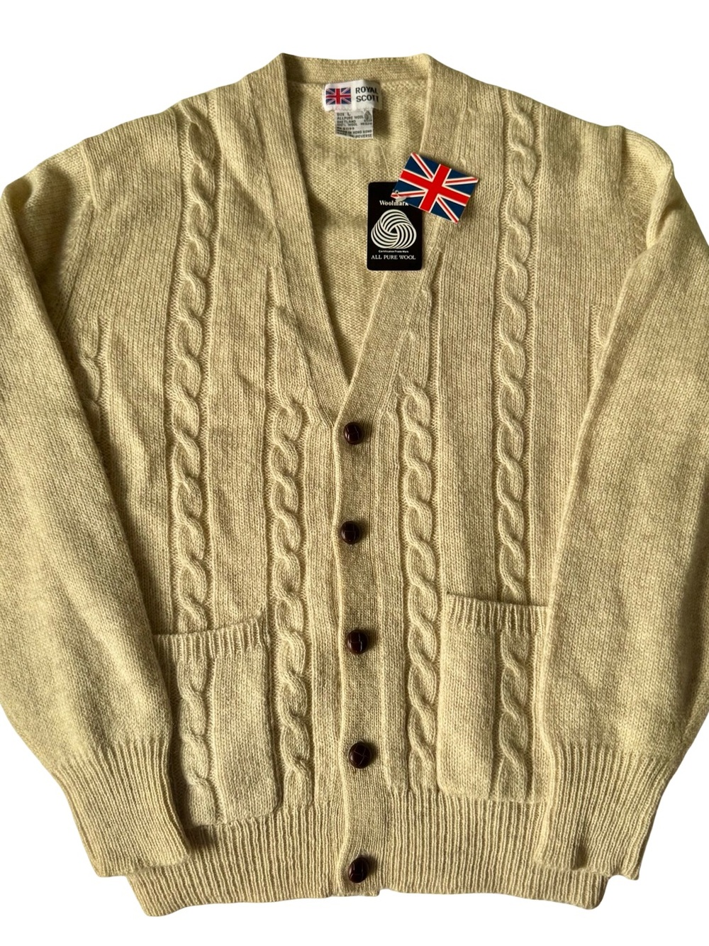 NWT VTG Royal Scott Men's Beige Cable-Knit Wool Button V-Neck Cardigan Size L